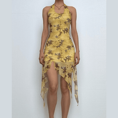 Halter butterfly print ruffle irregular midi dress