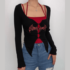 Bat pattern contrast long sleeve button halter 2 piece top