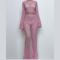 Long flared sleeve hollow out see through crop pant set