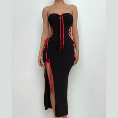 Bowknot ruched ribbon lace up slit ribbed tube midi dress