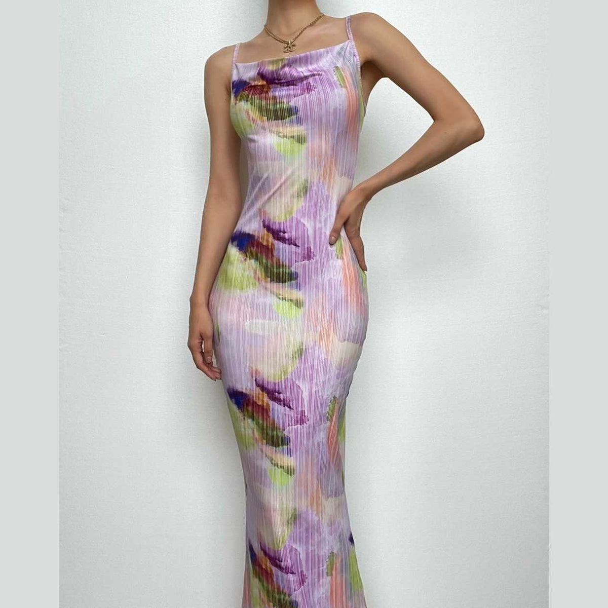 Backless cowl neck v neck contrast print cami maxi dress