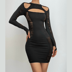 Hollow out long sleeve gloves solid crewneck cut out mini dress