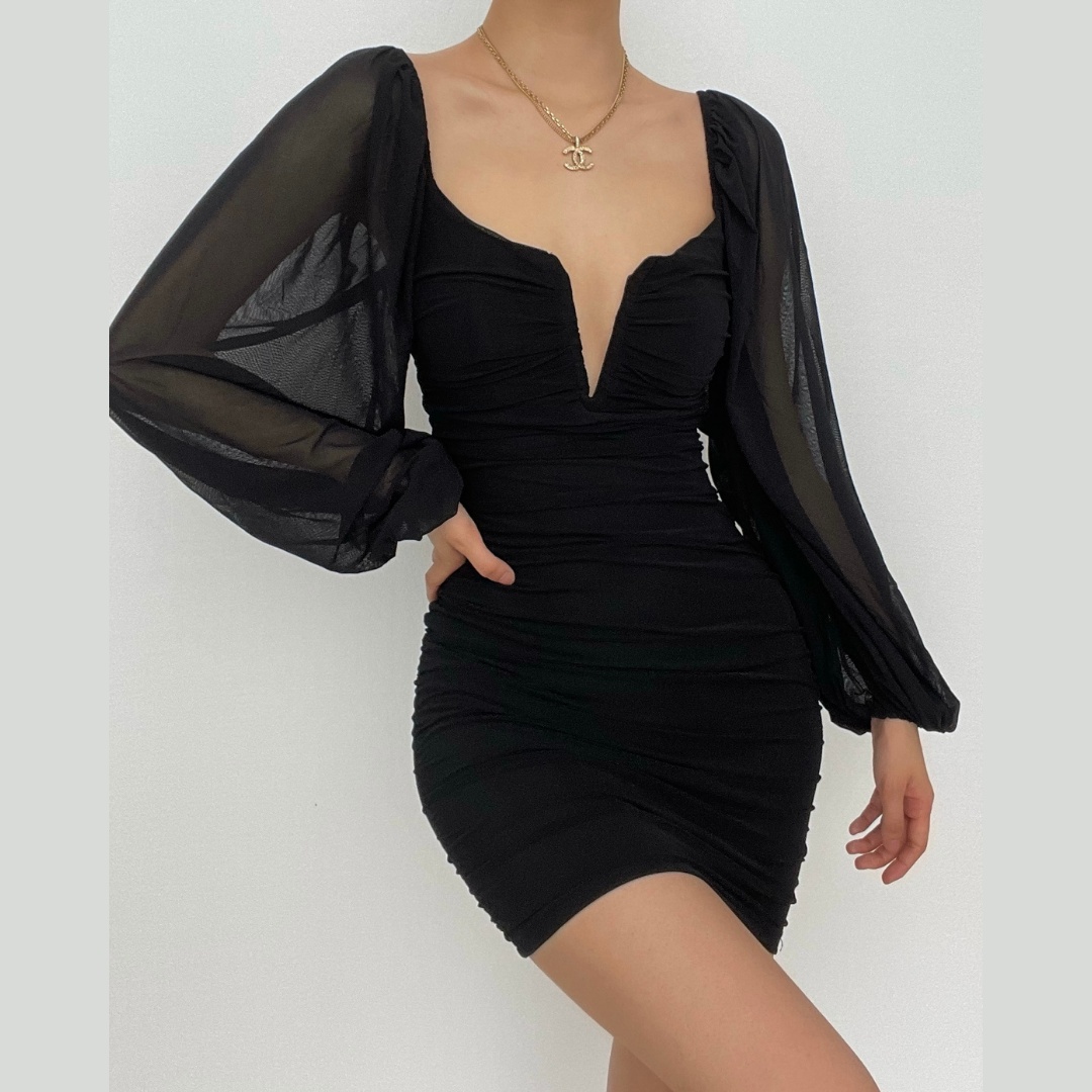 Mesh solid long sleeve ruched notch neck zip-up mini dress
