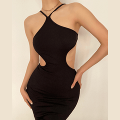 Hollow out halter open back ribbed cut out midi dress