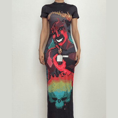 Abstract short sleeve backless contrast midi dress