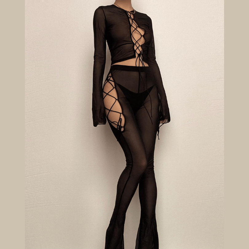 Long flared sleeve lace up sheer mesh pant set