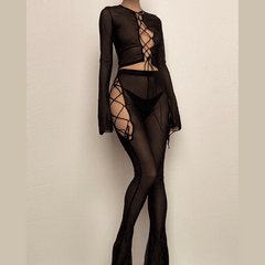 Long flared sleeve lace up sheer mesh pant set
