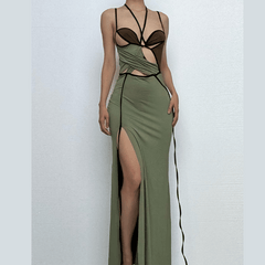 Halter contrast hollow out slit cami cut out midi dress