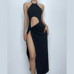 Hollow out solid halter backless slit ruched cut out midi dress