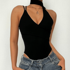 Halter irregular sleeveless solid v neck bodysuit