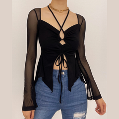 Mesh hollow out slit drawstring long sleeve halter self tie crop cut out top