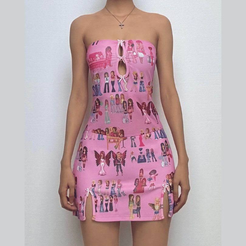 Hollow out bowknot print slit tube cut out mini dress