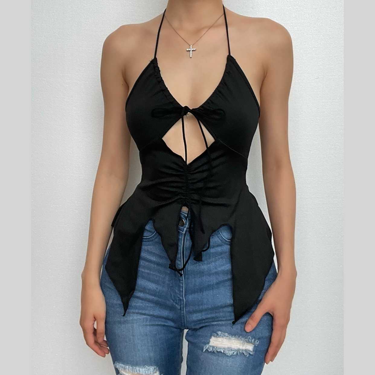 Hollow out ruched halter ruffled tie front cut out top