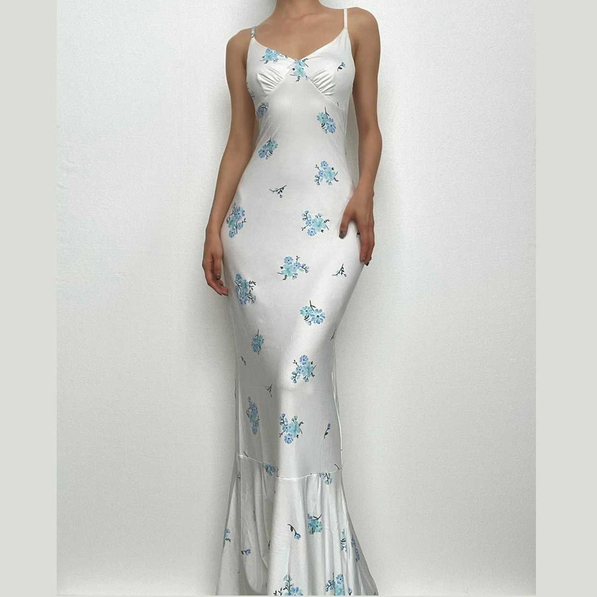 Flower print contrast v neck ruched cami maxi dress