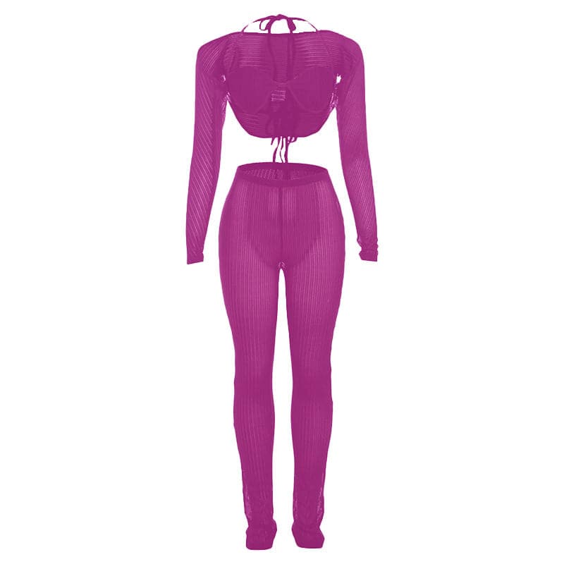 Halter shrug textured see through pant set