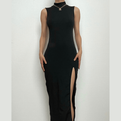 High neck sleeveless solid slit irregular midi dress