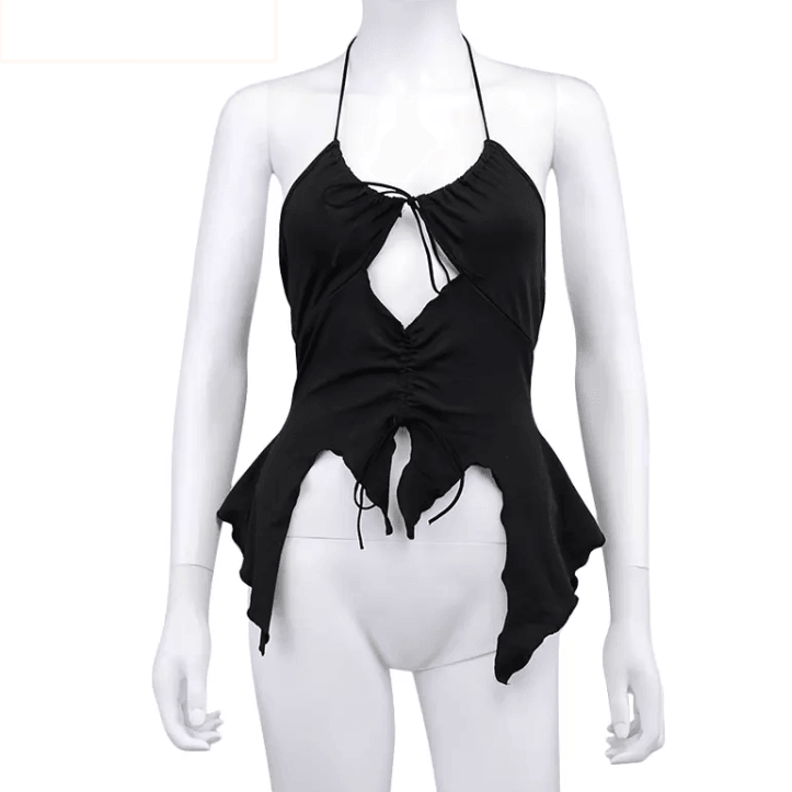 Hollow out ruched halter ruffled tie front cut out top