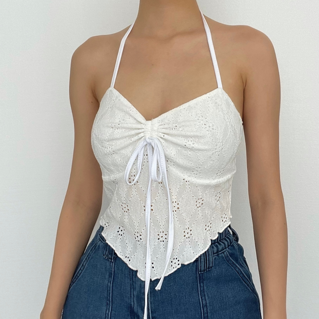 Backless self tie textured halter sleeveless ruffle crop top