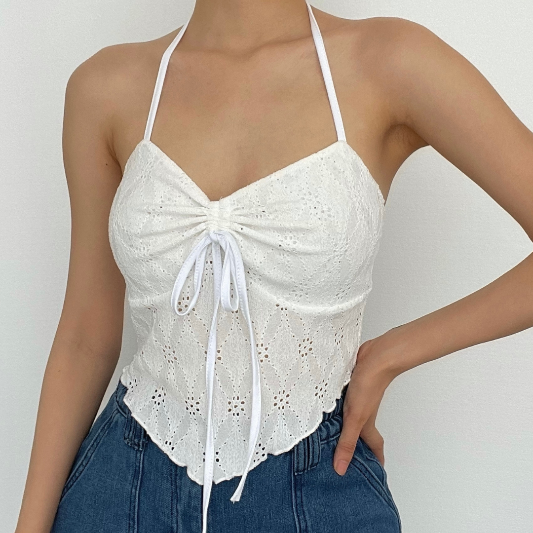 Backless self tie textured halter sleeveless ruffle crop top