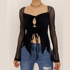 Mesh hollow out slit drawstring long sleeve halter self tie crop cut out top