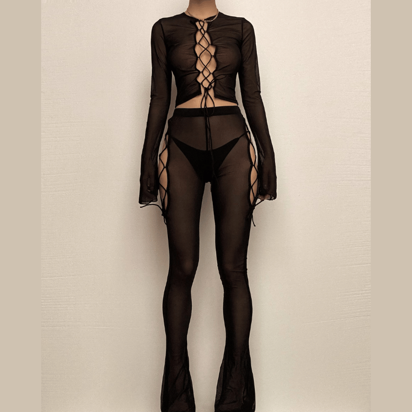 Long flared sleeve lace up sheer mesh pant set
