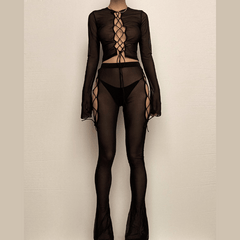 Long flared sleeve lace up sheer mesh pant set