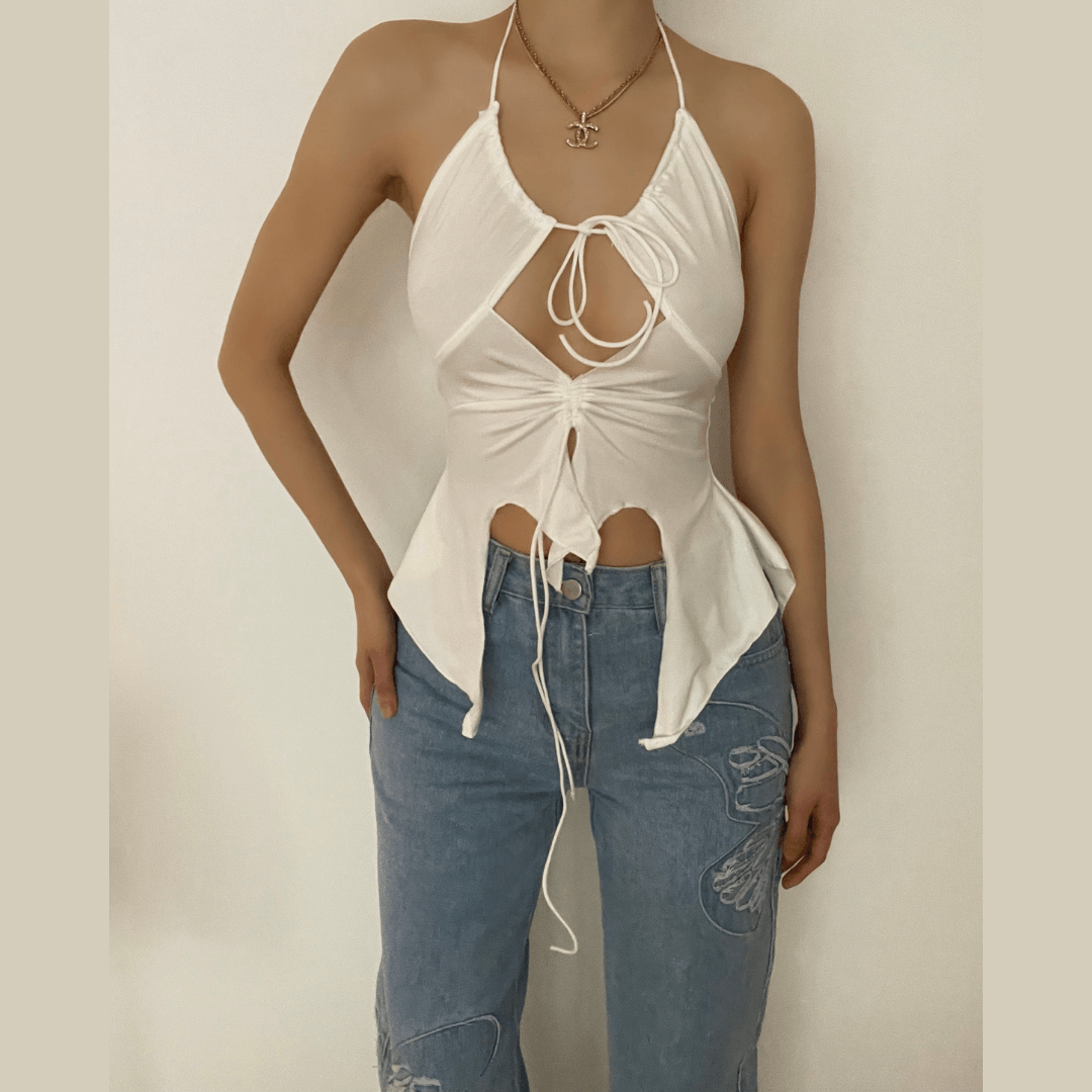 Hollow out ruched halter ruffled tie front cut out top