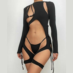 Long sleeve hollow out zip-up irregular solid cut out top