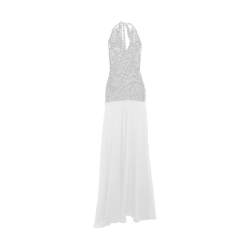 Halter polka dot print v neck backless maxi dress