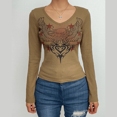 Abstract long sleeve contrast print v neck top