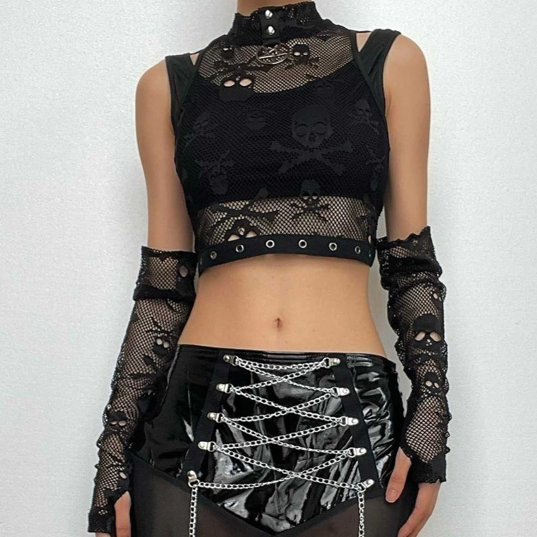 High neck buttoned fishnet gloves off shoulder crop top