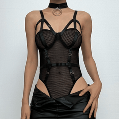 Halter strappy o ring fishnet bodysuit with choker