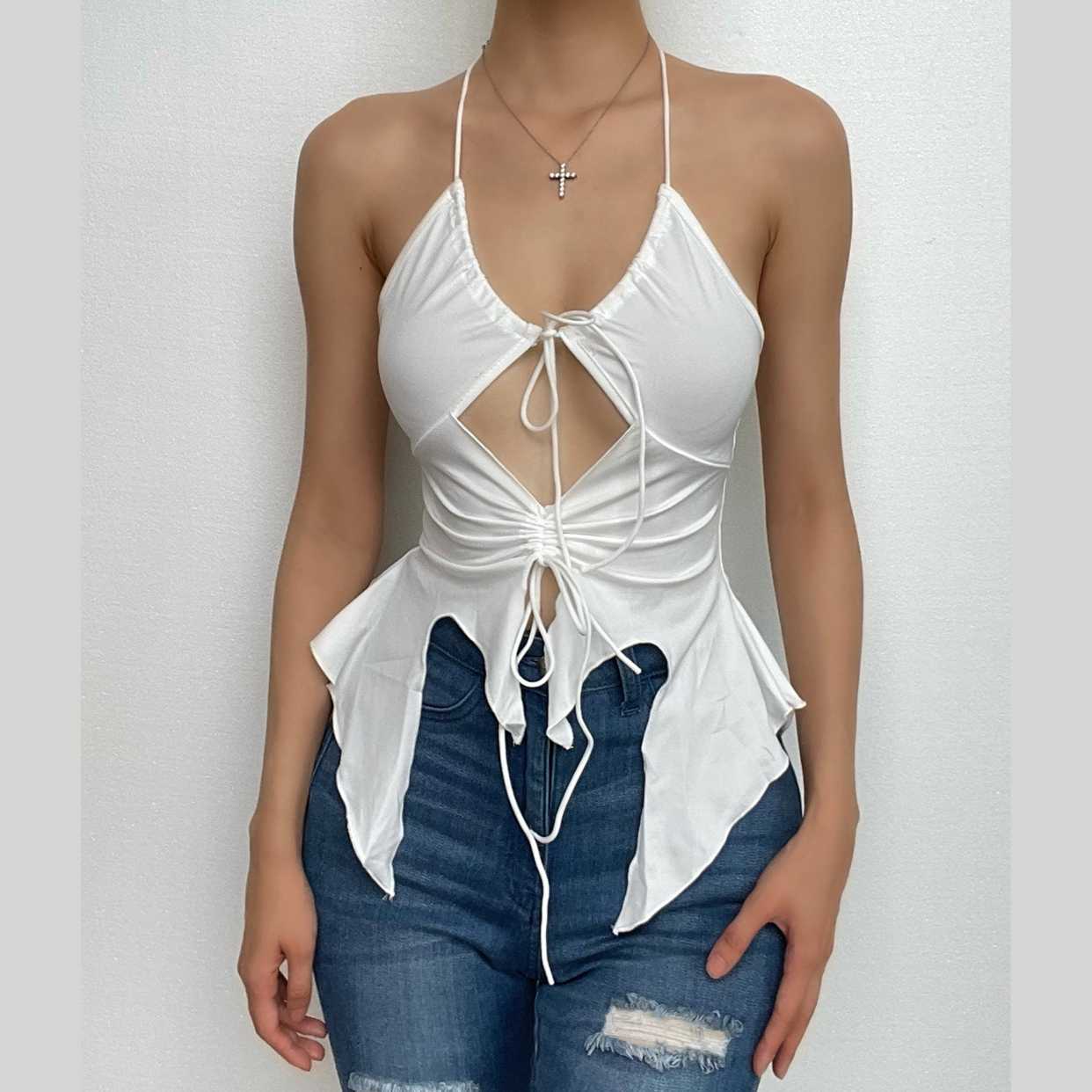 Hollow out ruched halter ruffled tie front cut out top
