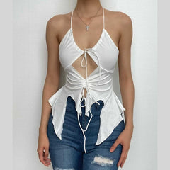 Hollow out ruched halter ruffled tie front cut out top