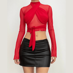 Long sleeve high neck cross front mesh ruched ruffle top