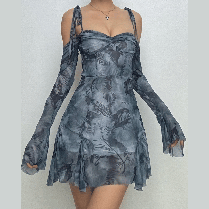 Long sleeve tie dye off shoulder ruched sweetheart neck self tie backless mini dress
