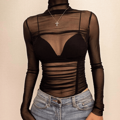 High neck see through long sleeve sheer mesh bodysuit