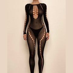 Hollow out solid fishnet off shoulder long sleeve jumpsuit