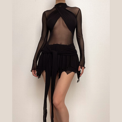 Long sleeve ruffle ruched cross front halter sheer mesh mini dress