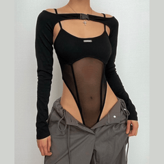 Buckle mesh off shoulder long sleeve solid shrug 2 piece bodysuit