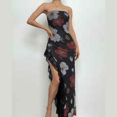 Flower print mesh ruffle slit contrast irregular tube midi dress