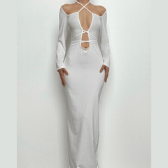 Hollow out self tie solid long sleeve cross front cut out maxi dress