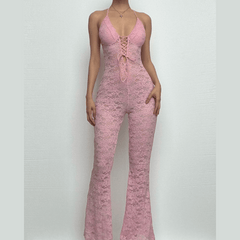 Halter lace lace up see through jumpsuit