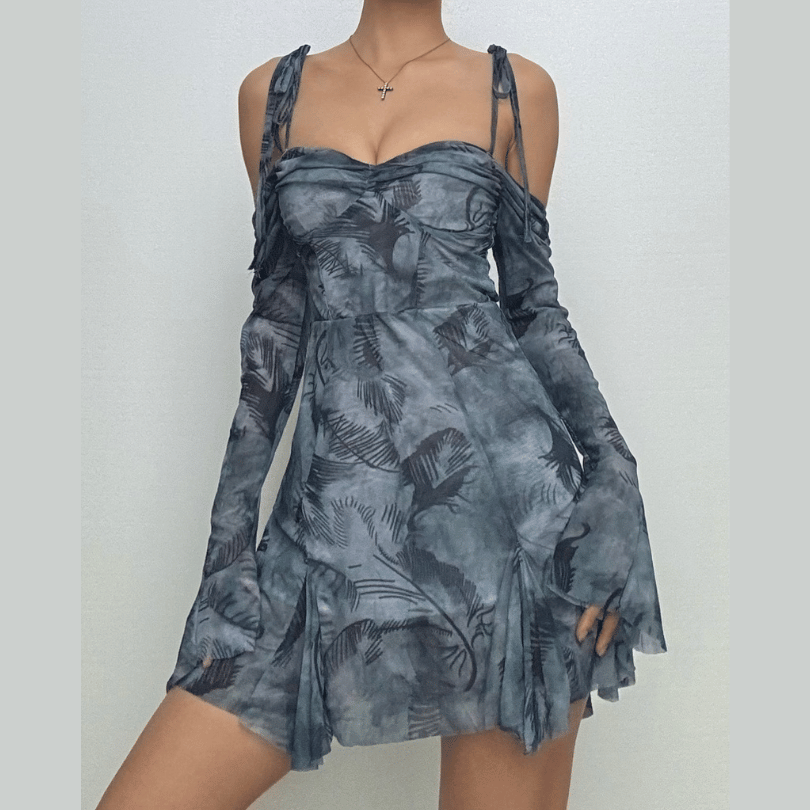 Long sleeve tie dye off shoulder ruched sweetheart neck self tie backless mini dress