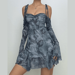 Long sleeve tie dye off shoulder ruched sweetheart neck self tie backless mini dress