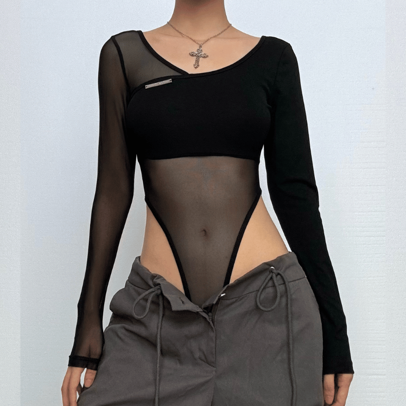Long sleeve mesh metal tag patchwork bodysuit
