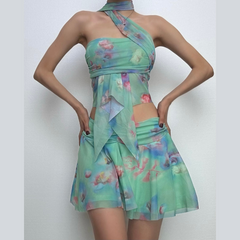 Halter ruched print ruffle mesh mini skirt set