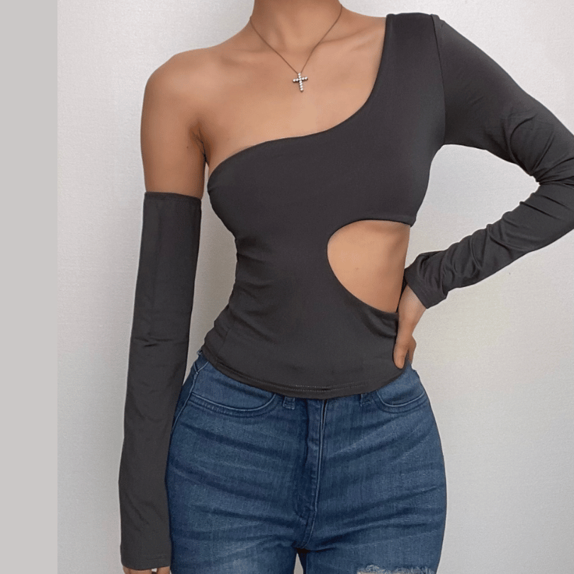 Hollow out solid one shoulder gloves irregular cut out top