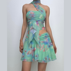 Halter ruched print ruffle mesh mini skirt set