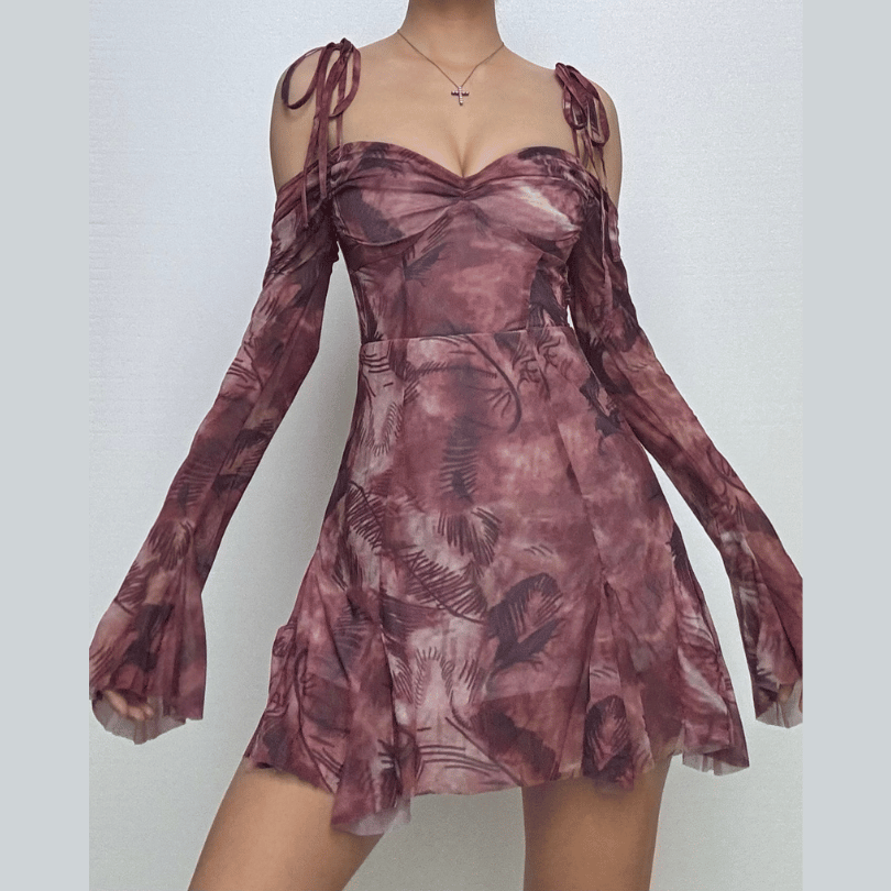 Long sleeve tie dye off shoulder ruched sweetheart neck self tie backless mini dress